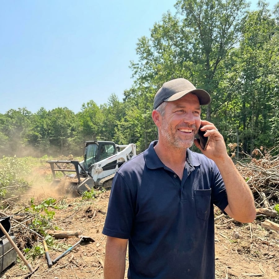 Land clearing contractor taking a call while his crew mulches a lot