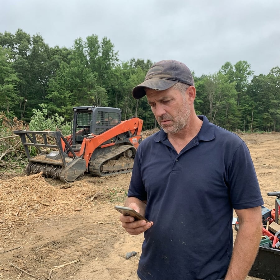 Frustrated land clearing contractor checking his phone with no new leads